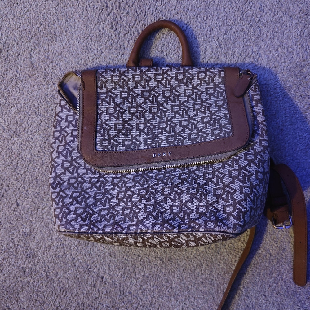 DKNY Brown and Cream Logo Jacquard Convertible Backpack Satchel